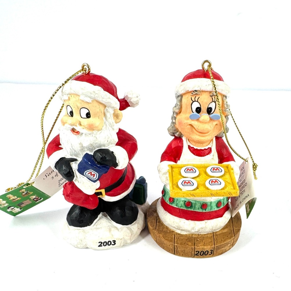Marathon Gas 2003 Holiday Collector Series Santa Mrs Claus Ornaments Set of 2